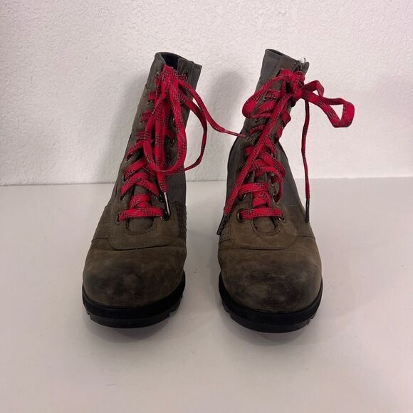 Sorel Grey Canvas with Green Leather with Neon Pink Lace Up Wedge Booties - Picture 2 of 9